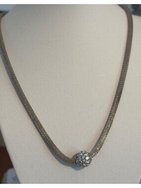 Vintage Seta Sterling Silver Mesh Chain Necklace CZ Pave Ball Bead 18" Estate